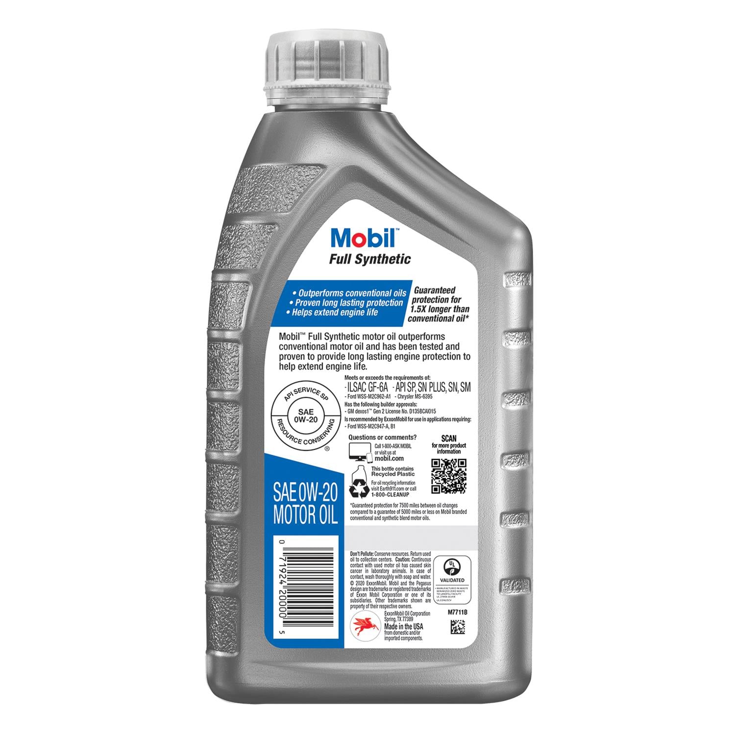 MOBIL Motor Oil: Synthetic,  1 qt Size, 0W-20, Full Synthetic,Dexos, Case Of 6 Quarts