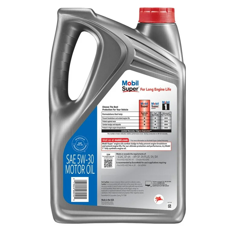 Mobil Super 5W-30 Semi-Synthetic Blended Motor Oil - 5 Quart Jug