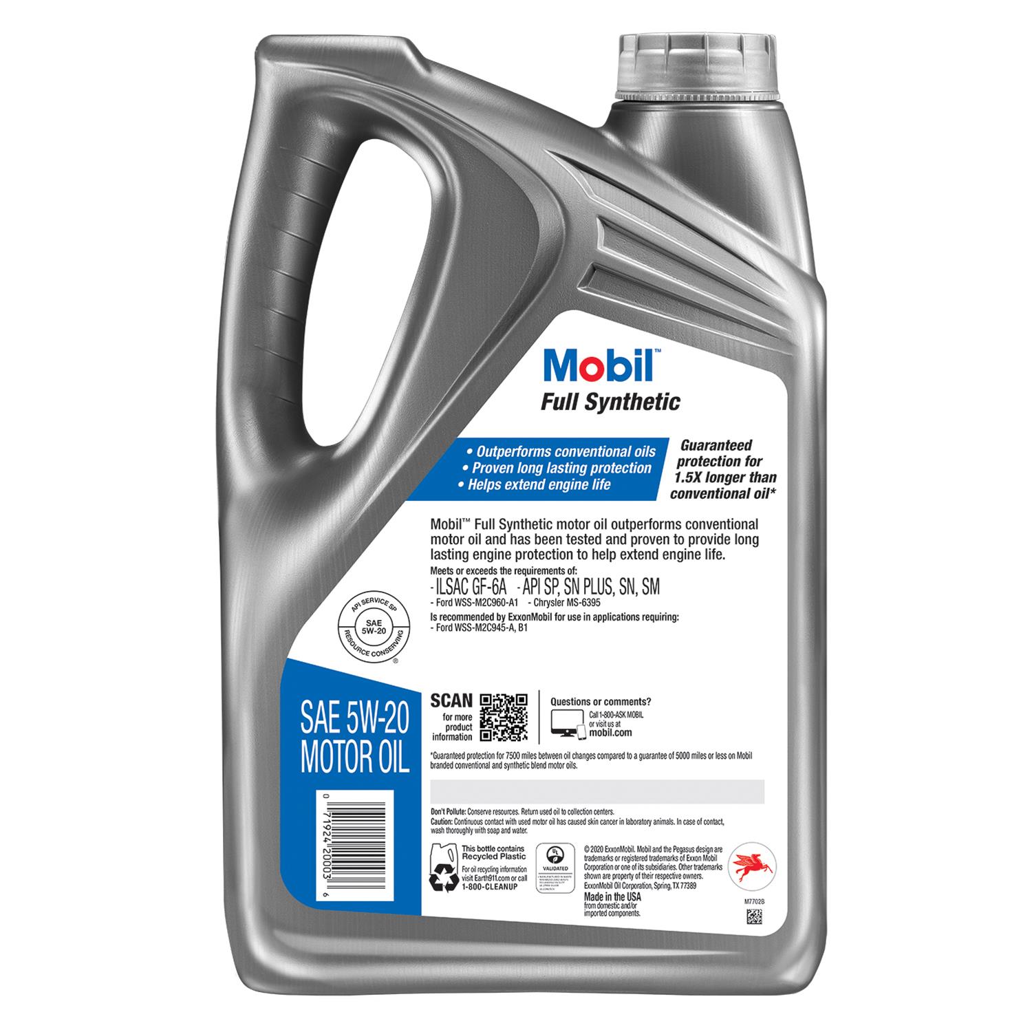 Mobil 125199 Full Synthetic Motor Oil 5W-20 - 5 Quart Jug