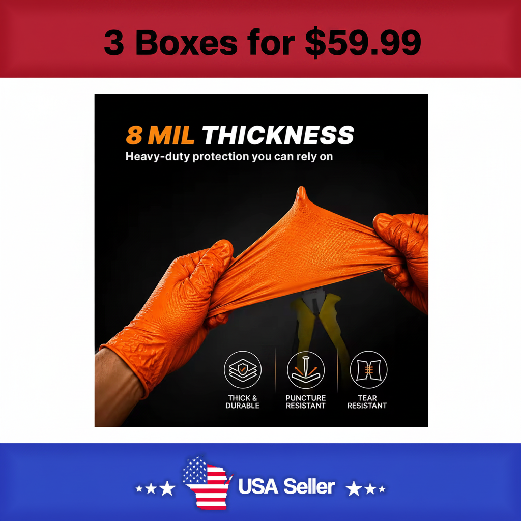 8 Mil Orange Nitrile Gloves Disposable Heavy Duty Powder Free Latex Free XL 3 BX Bundle