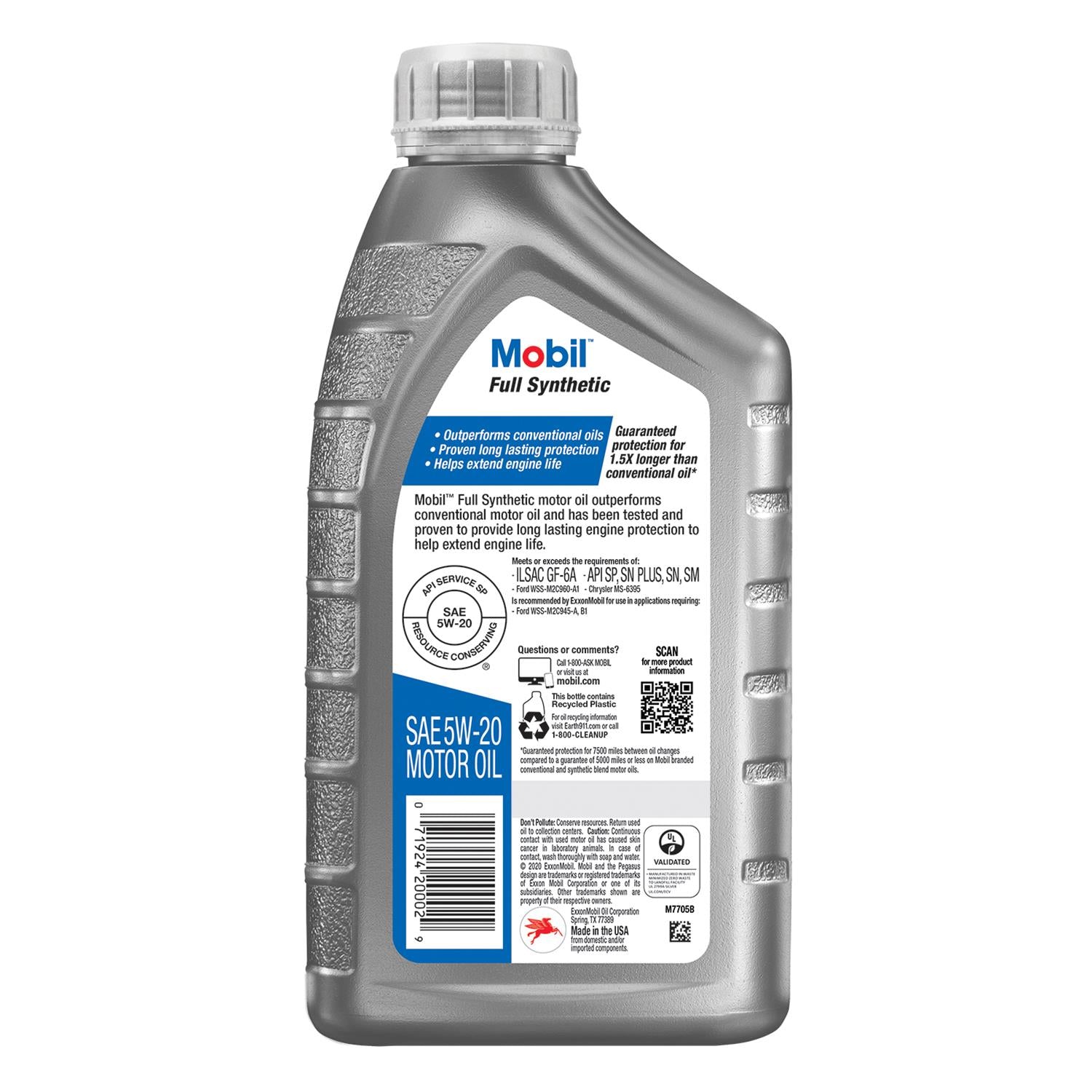MOBIL Motor Oil: Synthetic, 1 qt Size, 5W-20, Full Synthetic , Case Of 6 Quarts