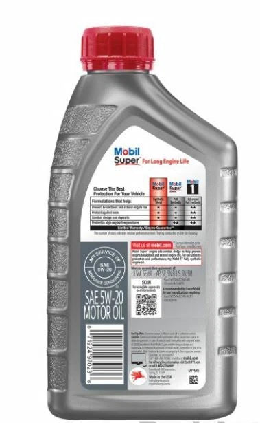 MOBIL Engine Oil: Synthetic Blend, 1 qt Size, Bottle, 5W-20, Super - Case Of 6 Quarts