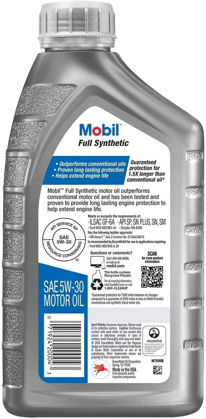 MOBIL Motor Oil: Synthetic, 1 qt Size, 5W-30, Full Synthetic , Case Of 6 Quarts 125195