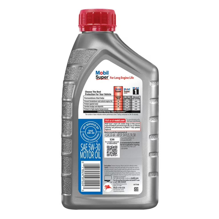 MOBIL Engine Oil: Synthetic Blend, 1 qt Size, Bottle, 5W-30, Super Case Of 6 Quarts