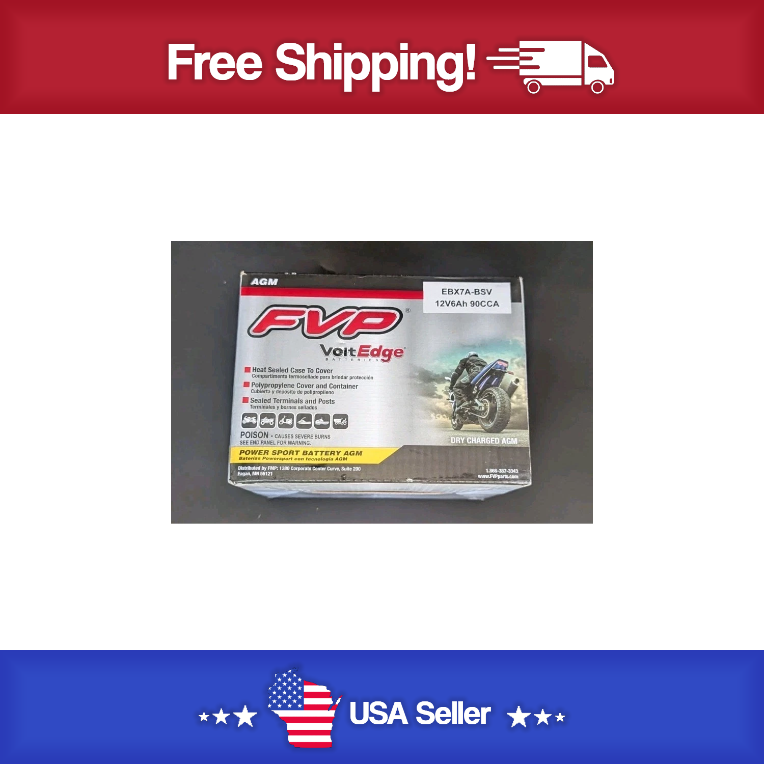 FVP Volt Edge Power Sports Battery Dry Charged AGM EBX7A-BSV - New - Ships Free