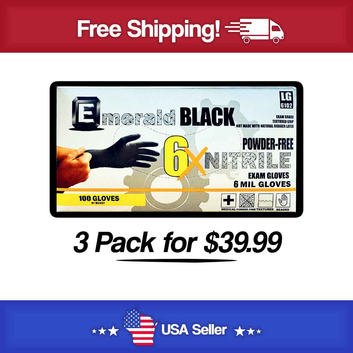 6 Mil Black Nitrile Gloves Disposable Heavy Duty Powder Free Latex Free LG. 3 Box Bundle