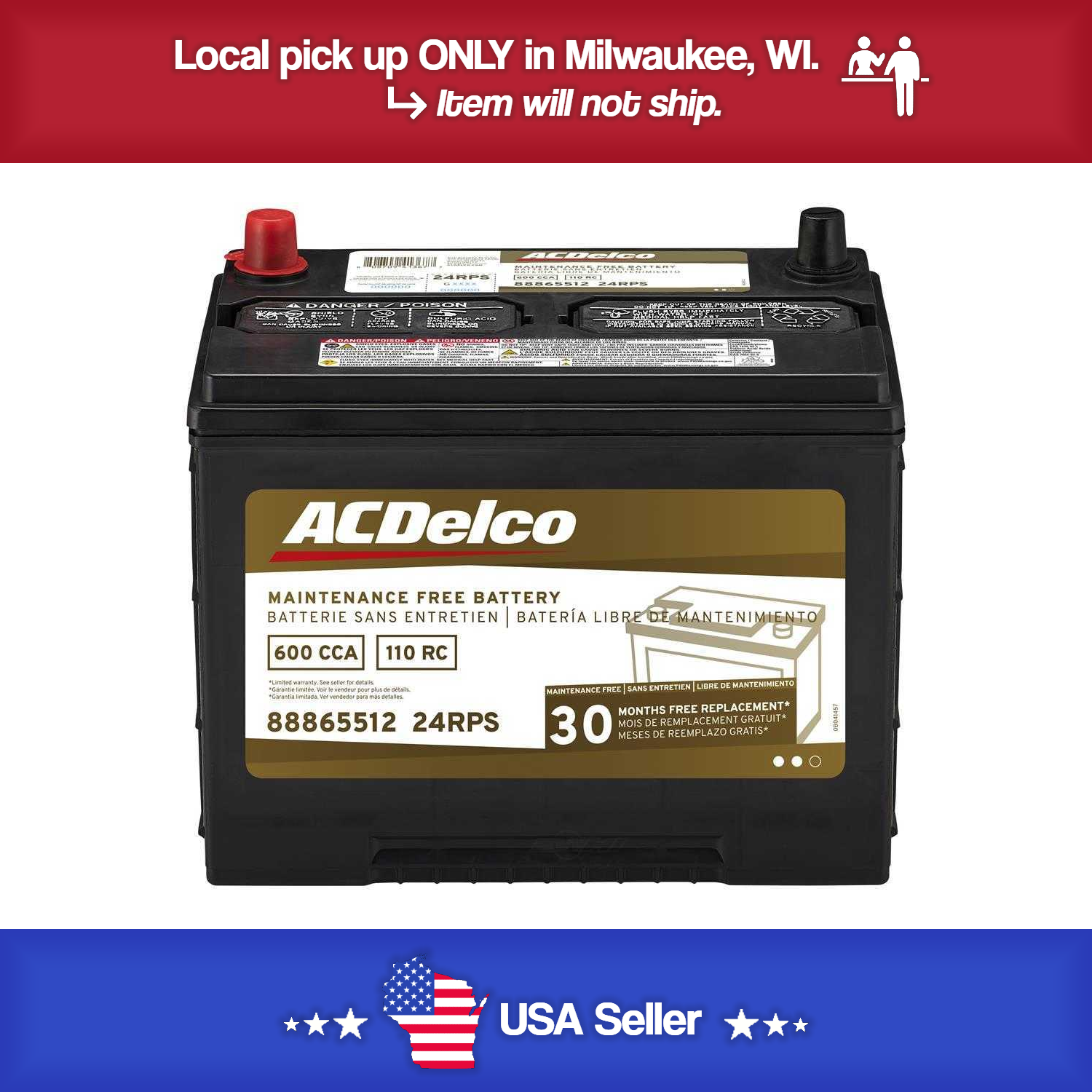 Brand New A-C Delco 24RPS  Battery - 600CCA- 1994-2017 Accord - 03-2015 Pilot