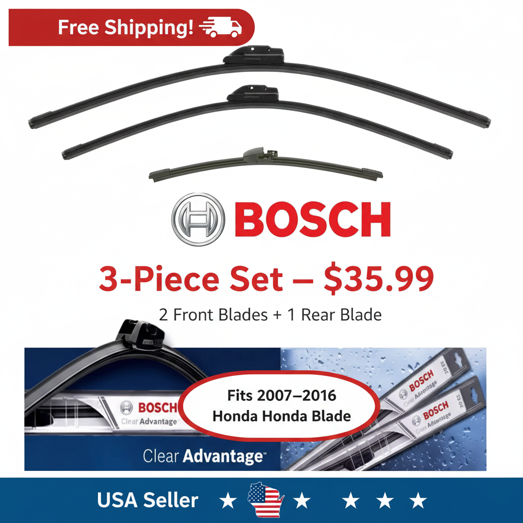 Bosch Clear Advantage Wiper Blade Set – 2 Front + 1 Rear – Fits 2007–2016 Honda CR-V
