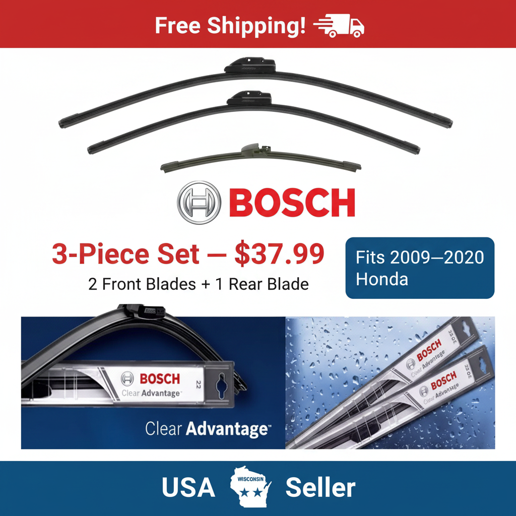 Bosch Clear Advantage Wiper Blade Set – 2 Front + 1 Rear – Fits 2009–2020 Honda Fit