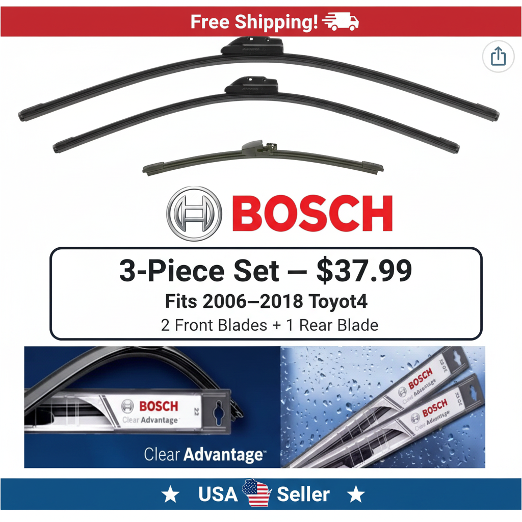 Bosch Clear Advantage Wiper Blade Set – 2 Front + 1 Rear – Fits 2006–2018 Toyota RAV4