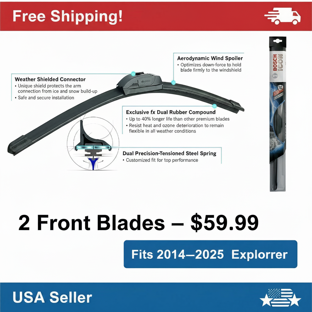 Bosch ICON Wiper Blades – Set of 2 Front – Fits 2014–2025 Ford Explorer