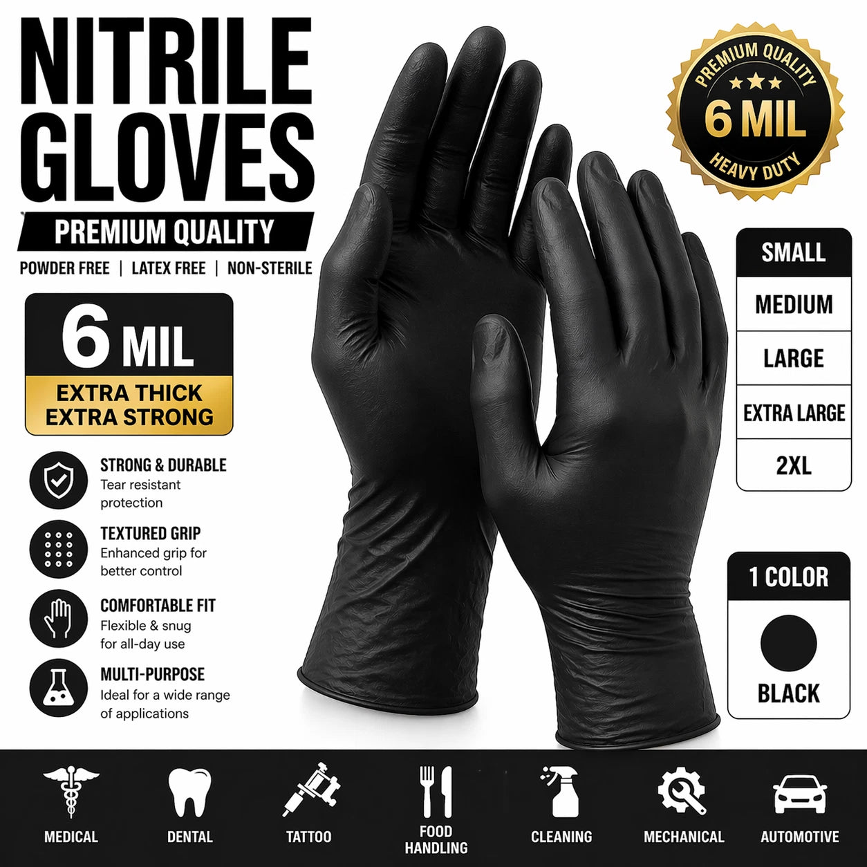 6 Mil Black Nitrile Gloves Disposable Heavy Duty Powder Free Latex Free XL 3 BX. Bundle