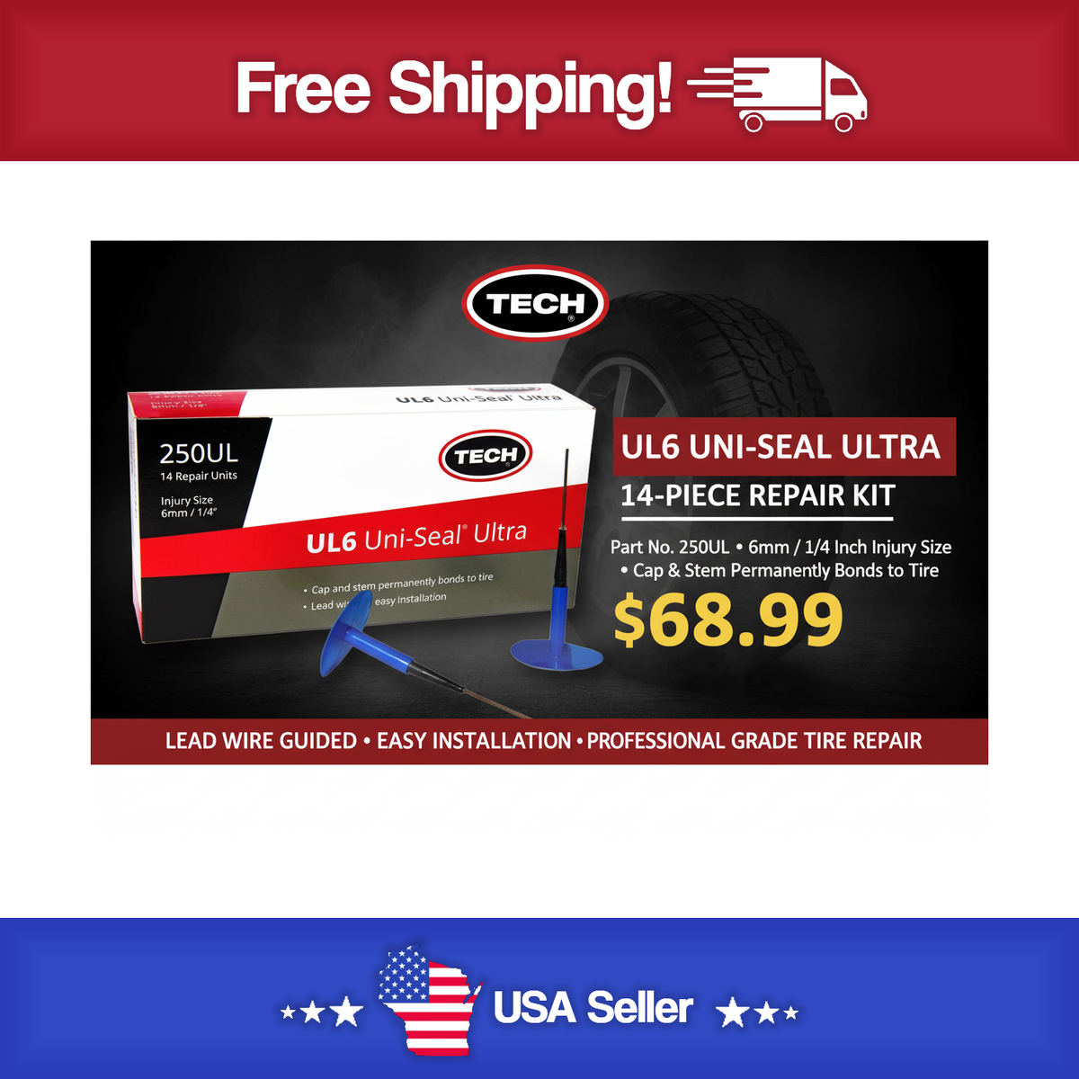West Coast Wheel W-250UL TECH UL6 Uni-Seal Ultra Tire Repair Kit - 14 Pack (6mm/1/4")