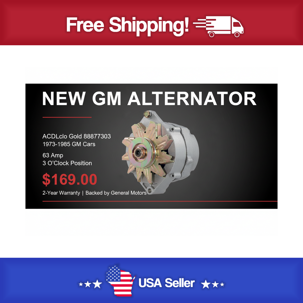 ACDelco Gold 88877303 New Alternator – 1973-1985 GM Cars 63 Amp - 335-1093