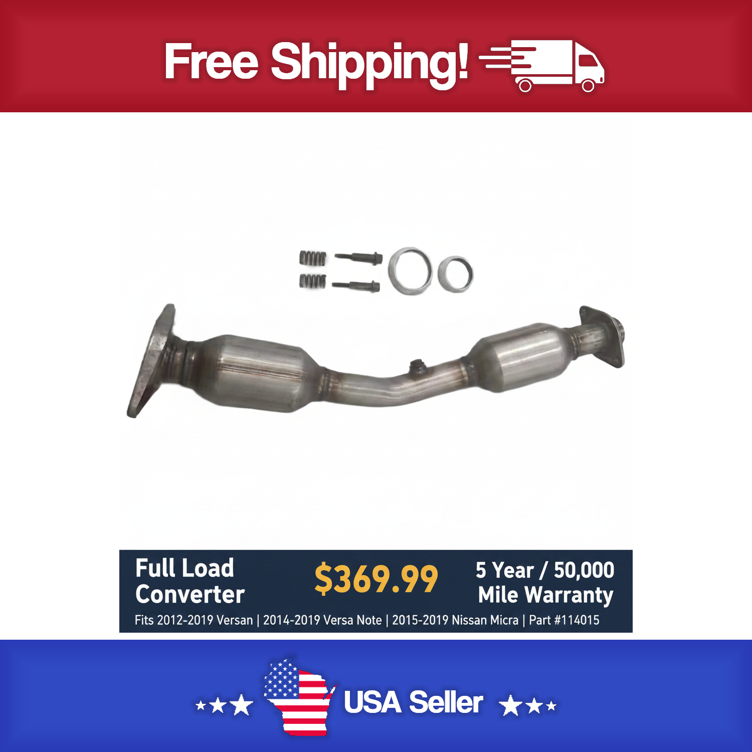 Catalytic Converter for 2012-2019 Nissan Versa | 2014-2019 Versa Note | 2015-2019 Micra | Full Load | Part #114015 | 5/50 Warranty