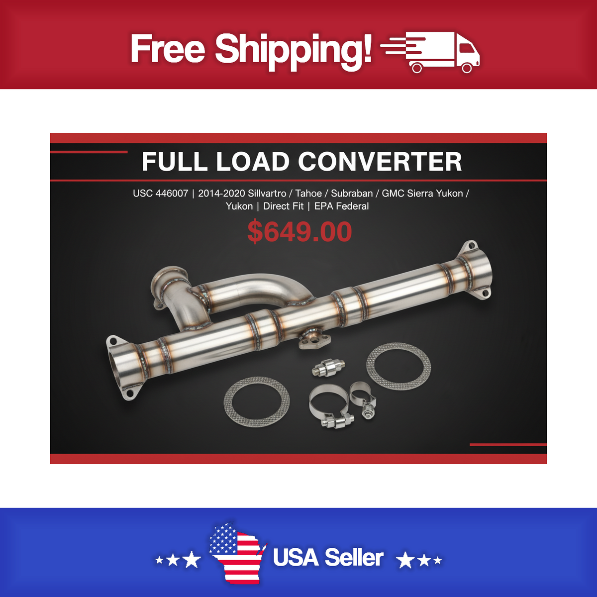 USC 446007 Direct-Fit Catalytic Converter – 2014-2020 Chevy Silverado / Tahoe / Suburban / GMC Sierra / Yukon