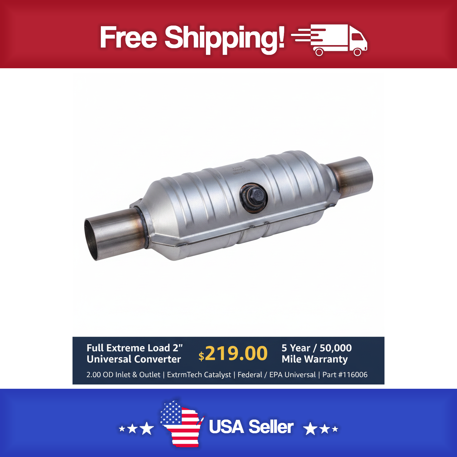 Full Extreme Load 2" Universal Catalytic Converter | ExtrmTech | Federal / EPA | Part #116006 | 5/50 Warranty