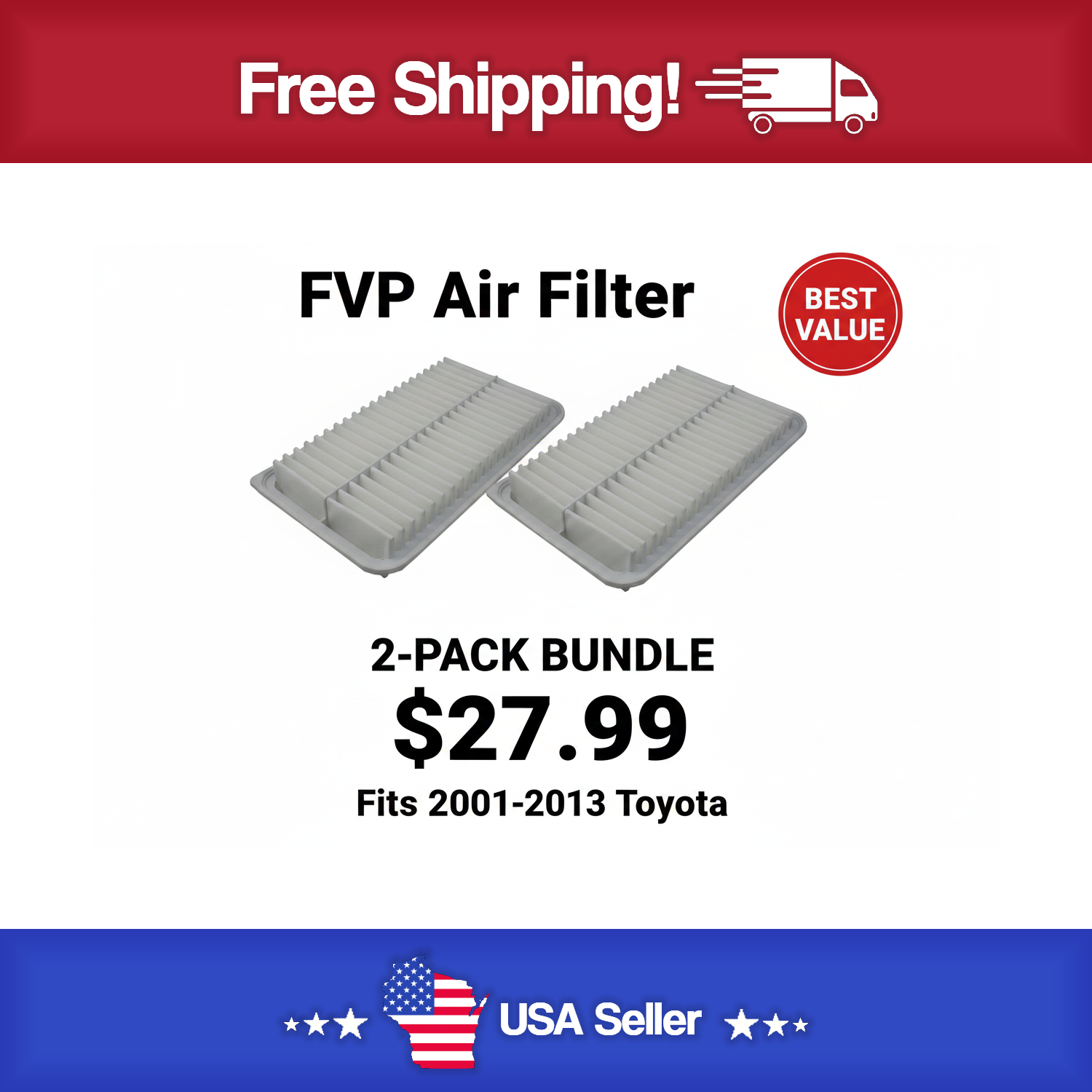 FVP P6673 Air Filter In 2 Pack - Fits Toyota's 2001-2013 - Camry , Highlander & Sienna