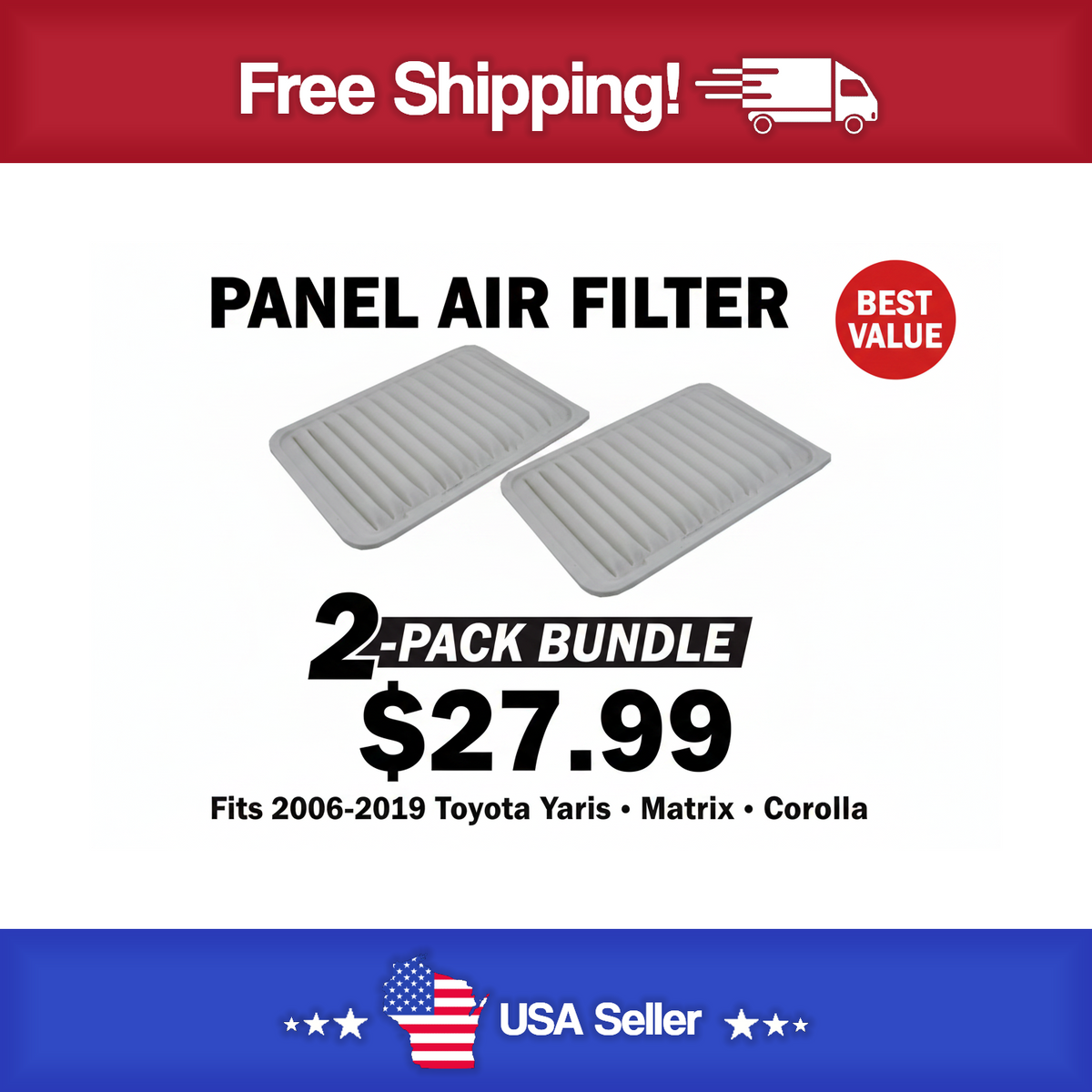 FVP P9104 Air Filter 2 Pack - 2006-2019 Toyota Yaris , Matrix & Corolla