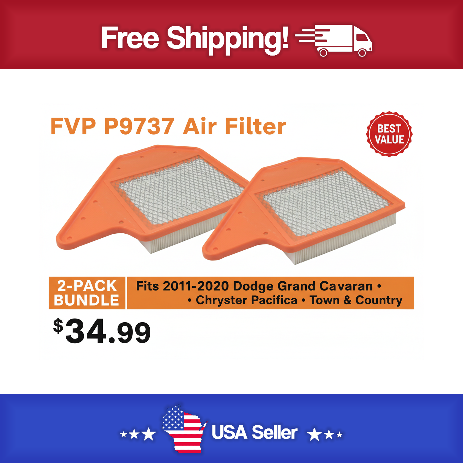 FVP P9737 Air Filter 2 Pack - Fit's 2011 - 2020 Caravan's , Pacifica & Town & Country