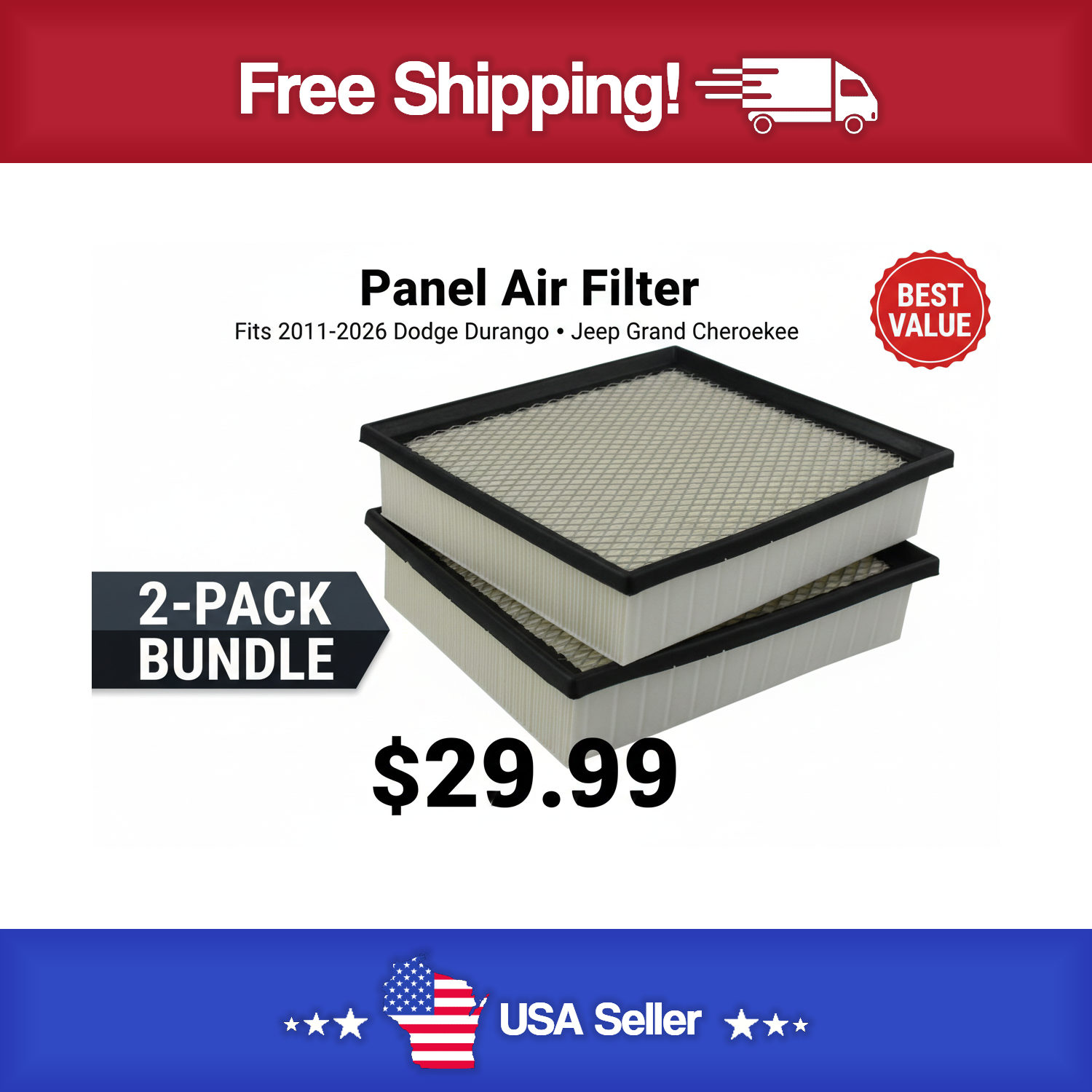 FVP P9756 Air Filter 2 Pack - Fit's 2011-2026 Dodge Durango & Jeep Grand Cherokee