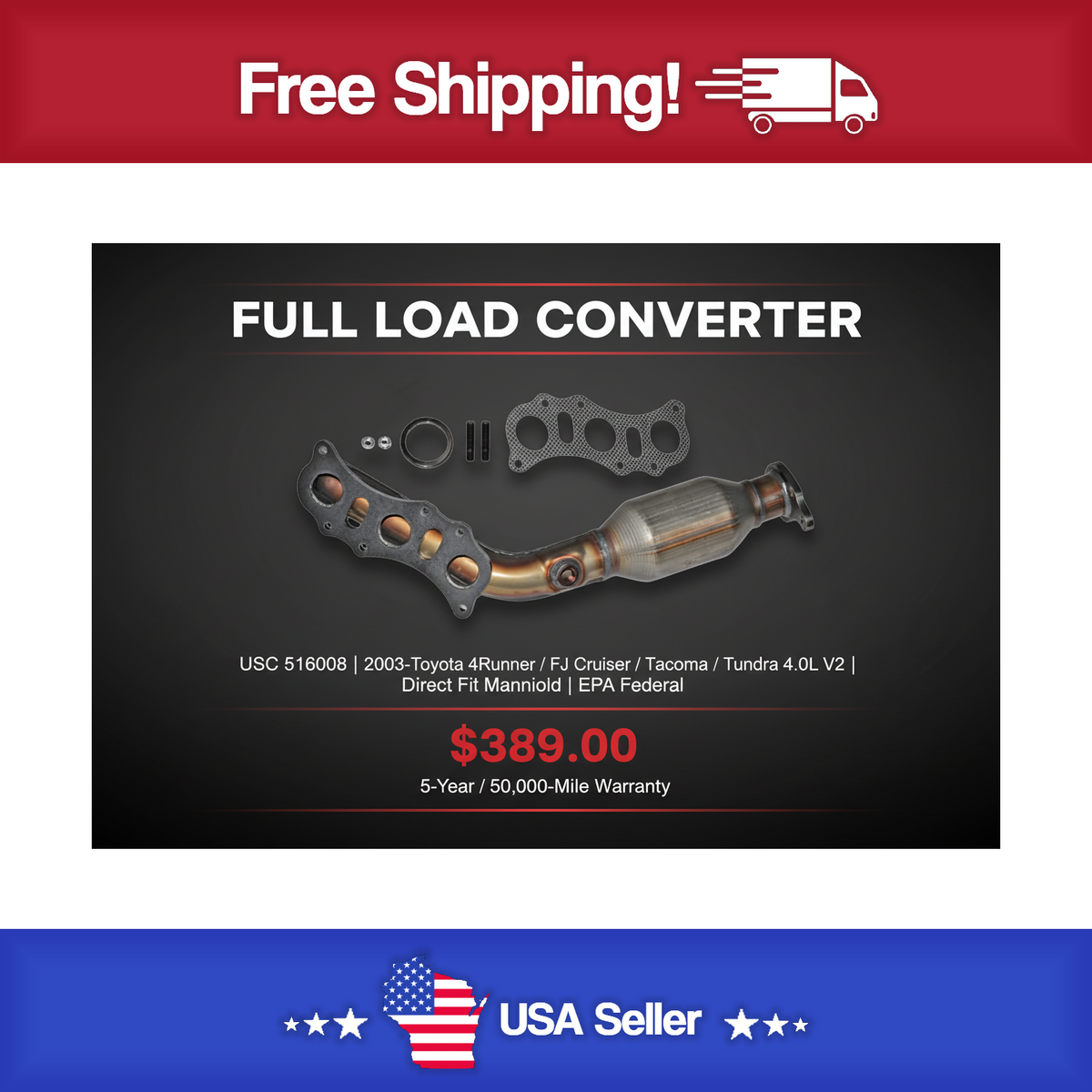 USC 516008 Direct-Fit Manifold Catalytic Converter – 2003-2009 Toyota 4Runner / FJ Cruiser / Tacoma / Tundra 4.0L V6 [Front Left]