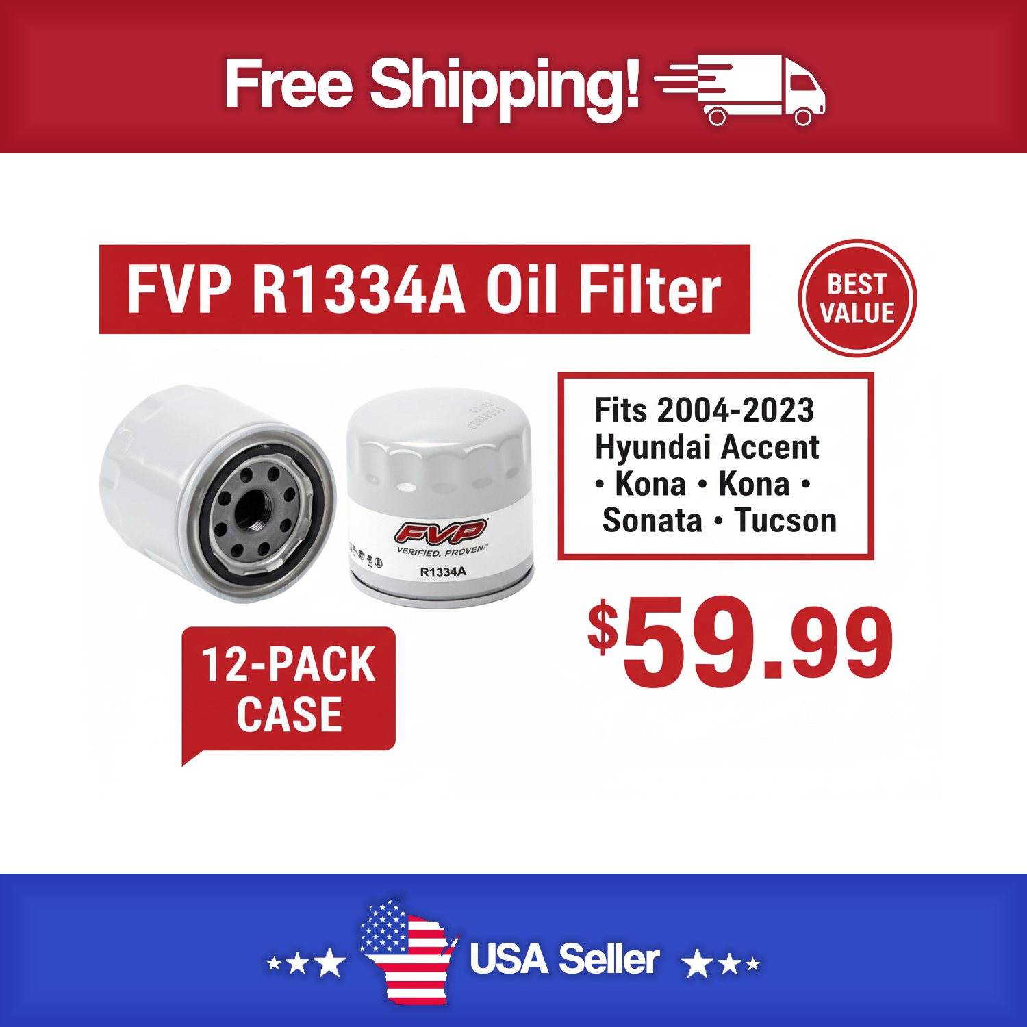FVP R1334A Oil Filter 12 Pack - Fit's 2004-2023 - Accent , Kona , Sonata & Tucson