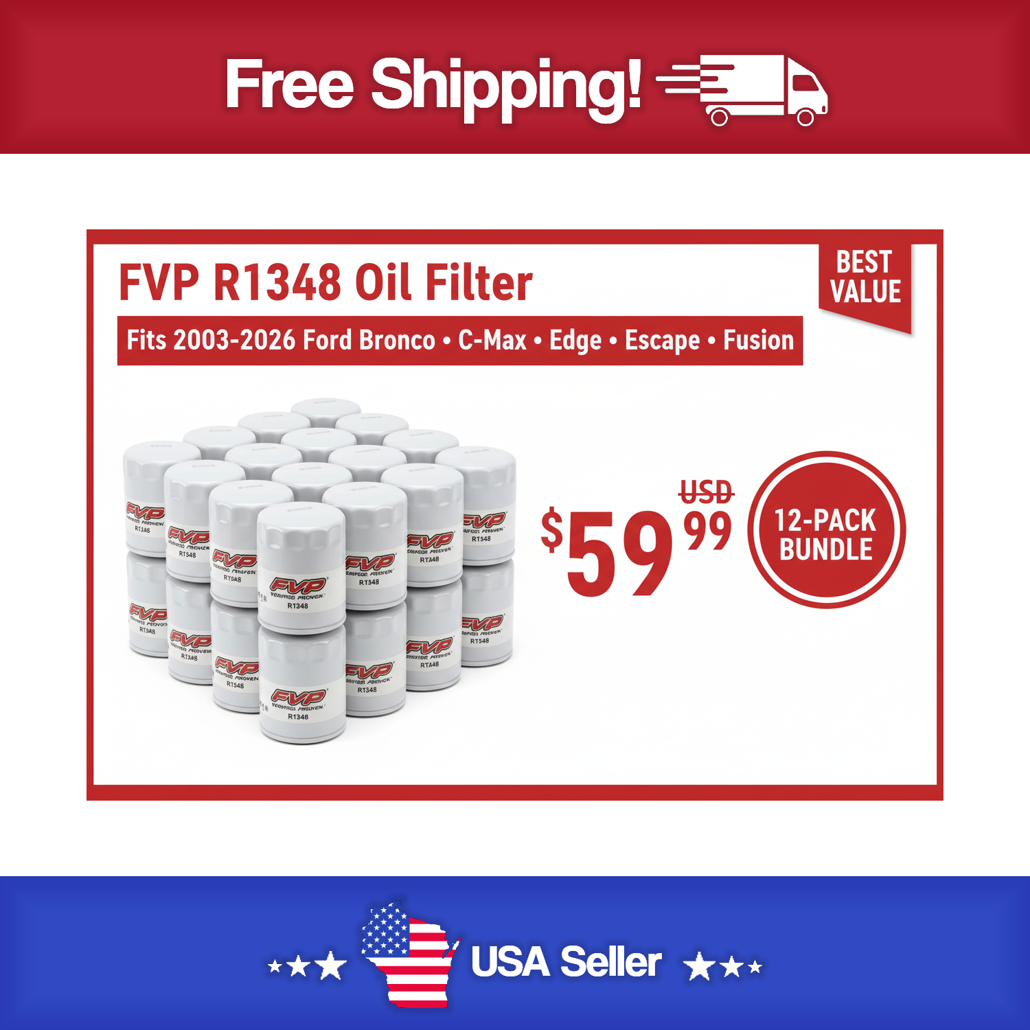 FVP R1348 Oil Filter 12 Pack - Fits 2003-2026 Ford Bronco , C-Max , Edge , Escape & Fusion