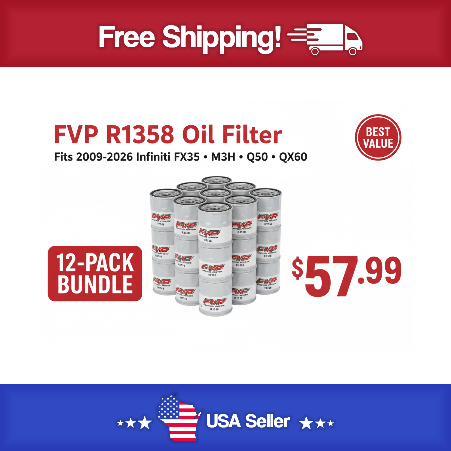 FVP R1358 Oil Filter 12 Pack - Fits 2009-2026 Infiniti FX35 , M35H , Q50 & QX60