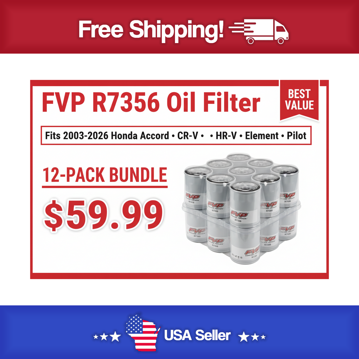 FVP R7356 Oil Filter 12 Pack - Fits 2003-2026 Honda Accord , CRV , HRV , Element & Pilot