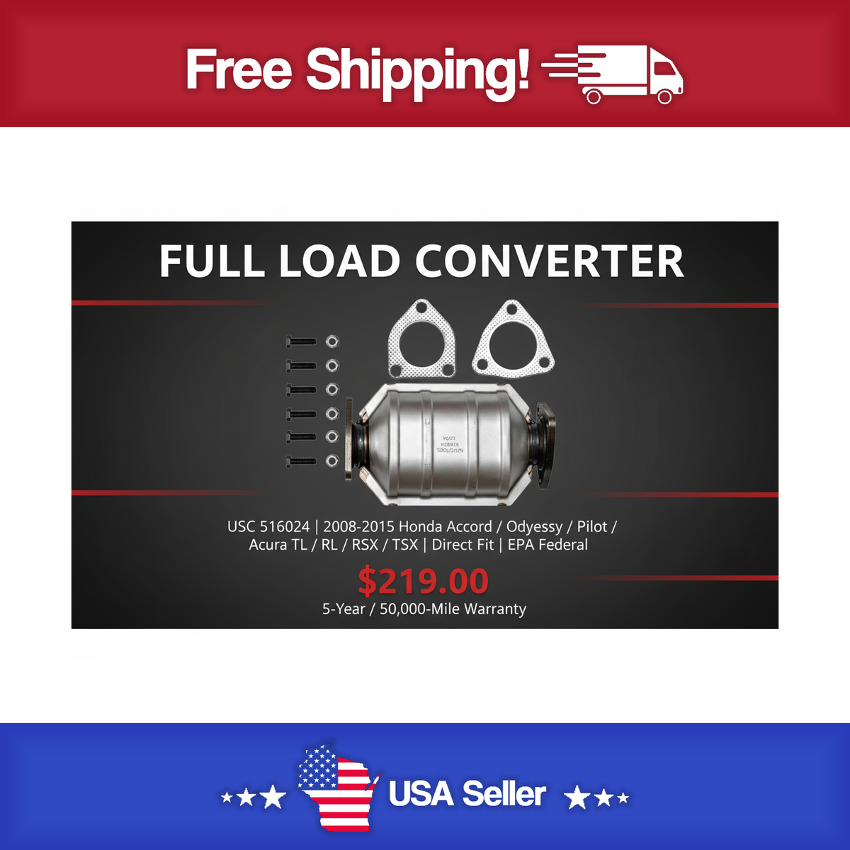 USC 516024 Direct-Fit Catalytic Converter – 2008-2015 Honda Accord / Odyssey / Pilot / Ridgeline / Acura TL / RL / TSX [Rear]