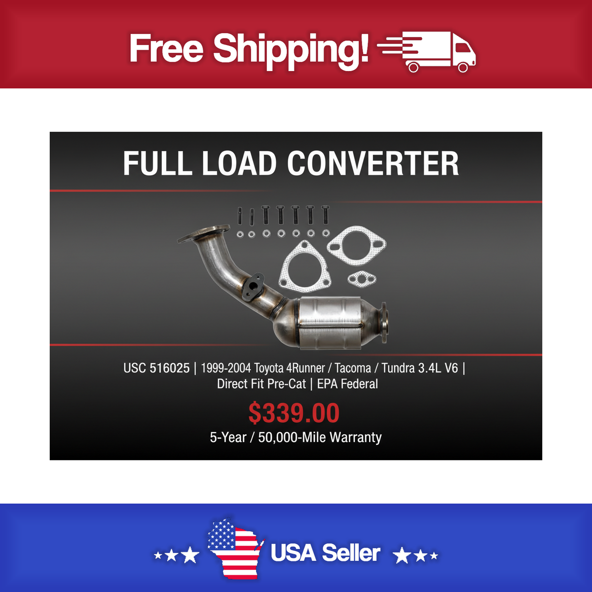 USC 516025 Direct-Fit Pre-Cat Catalytic Converter – 1999-2004 Toyota 4Runner / Tacoma / Tundra 3.4L V6 [Front]