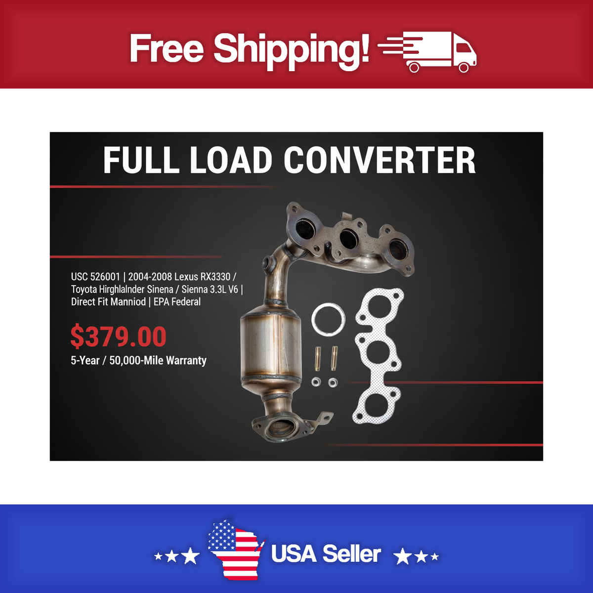 USC 526001 Direct-Fit Manifold Catalytic Converter – 2004-2008 Lexus RX330 / RX400h / Toyota Highlander / Sienna 3.3L V6 [Front Left]