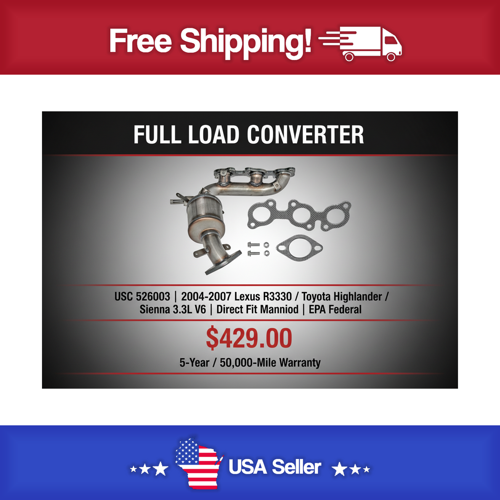 USC 526003 Direct-Fit Manifold Catalytic Converter – 2004-2007 Lexus RX330 / Toyota Highlander / Sienna 3.3L V6 [Front Right]