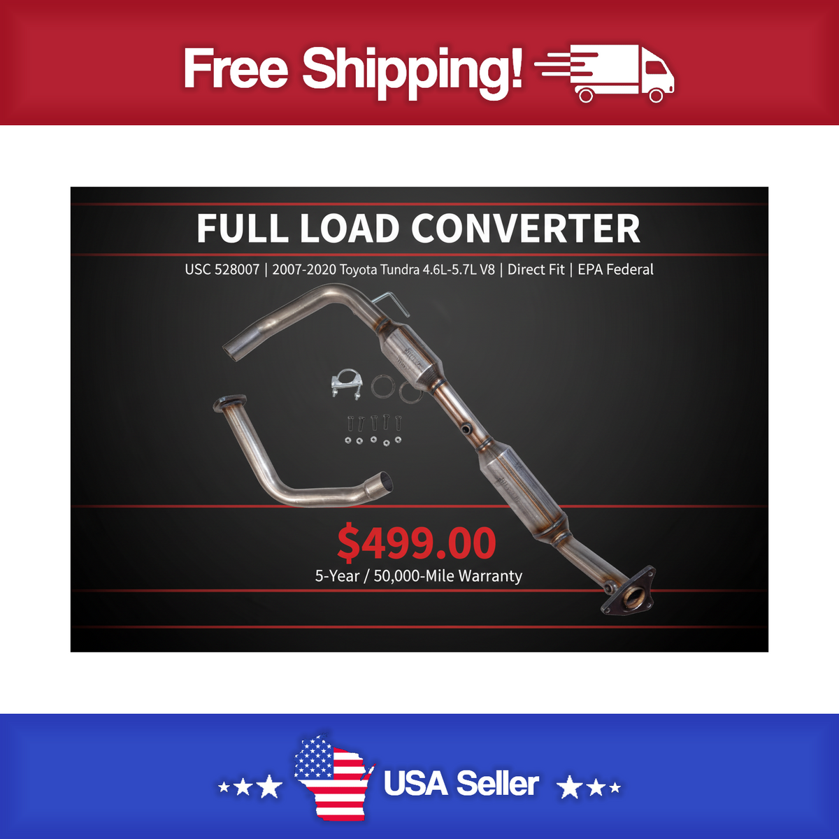 USC 528007 Direct-Fit Catalytic Converter – 2007-2020 Toyota Tundra 4.6L-5.7L V8 [Front Left]