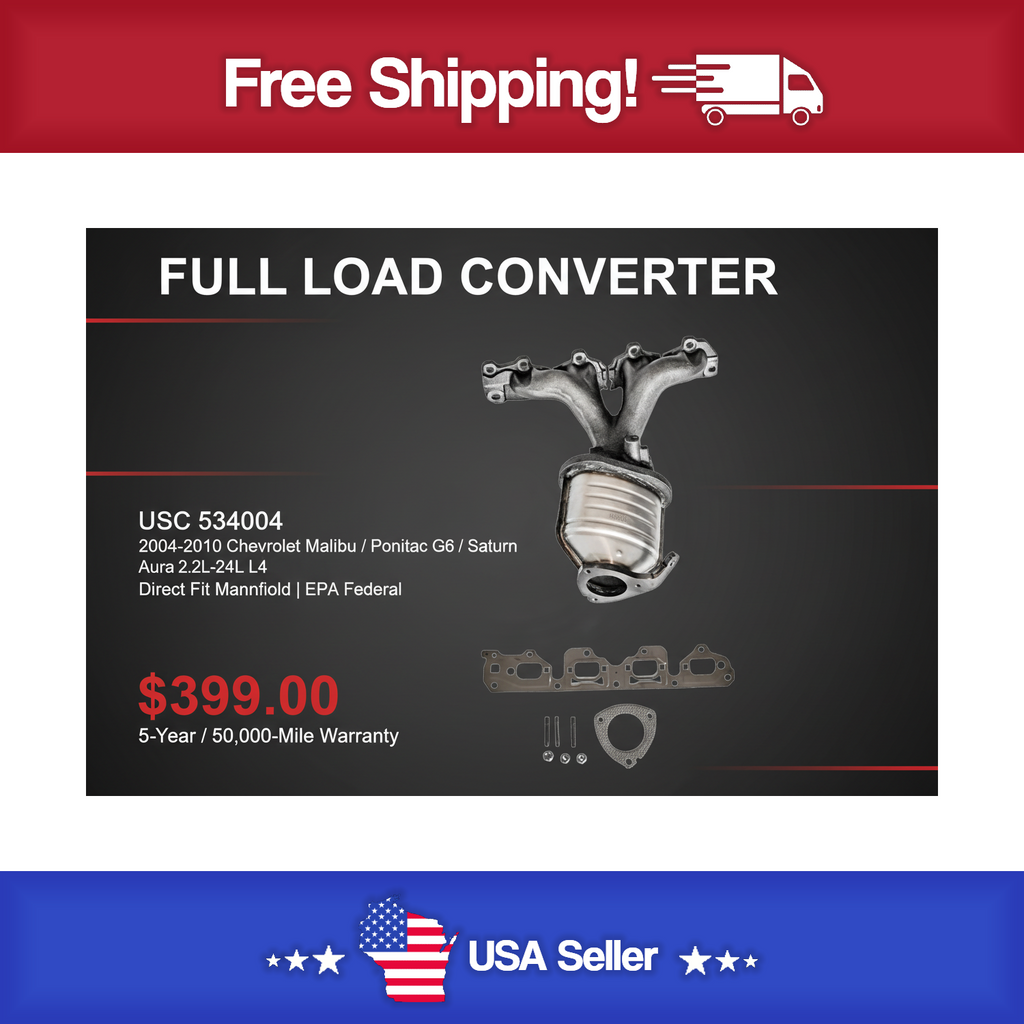USC 534004 Direct-Fit Manifold Catalytic Converter – 2004-2010 Chevrolet Malibu / Pontiac G6 / Saturn Aura 2.2L-2.4L L4 [Front]