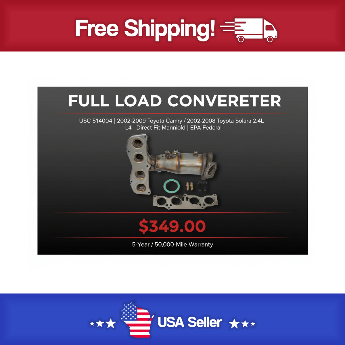 USC 514004 Direct-Fit Manifold Catalytic Converter – 2002-2009 Toyota Camry / Solara 2.4L L4