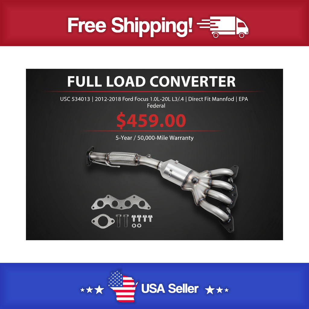 USC 534013 Direct-Fit Manifold Catalytic Converter – 2012-2018 Ford Focus 1.0L-2.0L L3/L4 [Front]