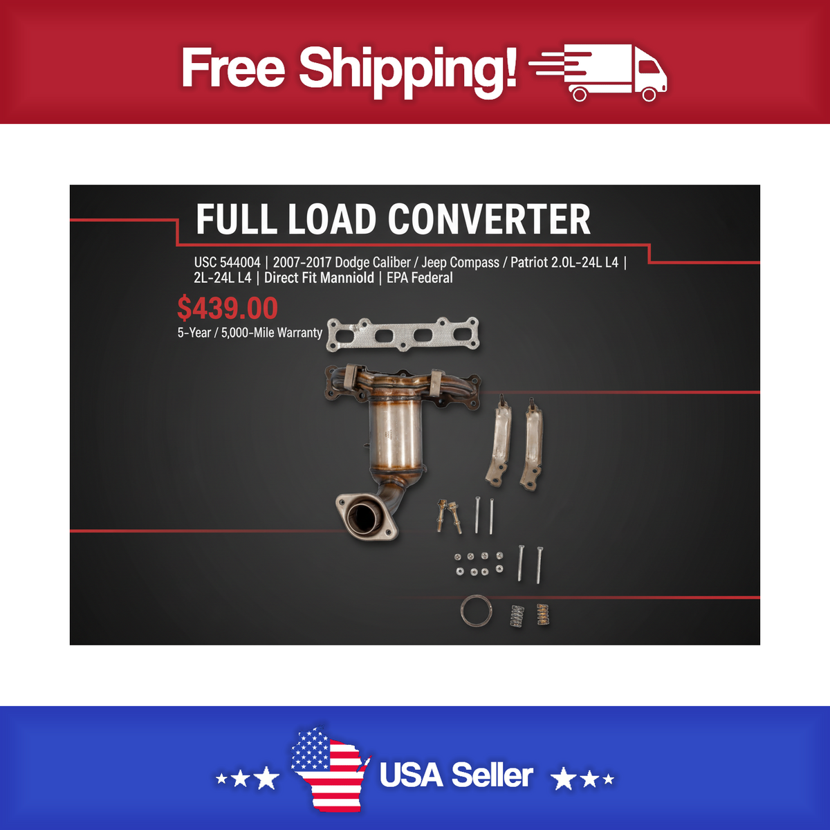 USC 544004 Direct-Fit Manifold Catalytic Converter – 2007-2017 Dodge Caliber / Jeep Compass / Patriot 2.0L-2.4L L4 [Front]