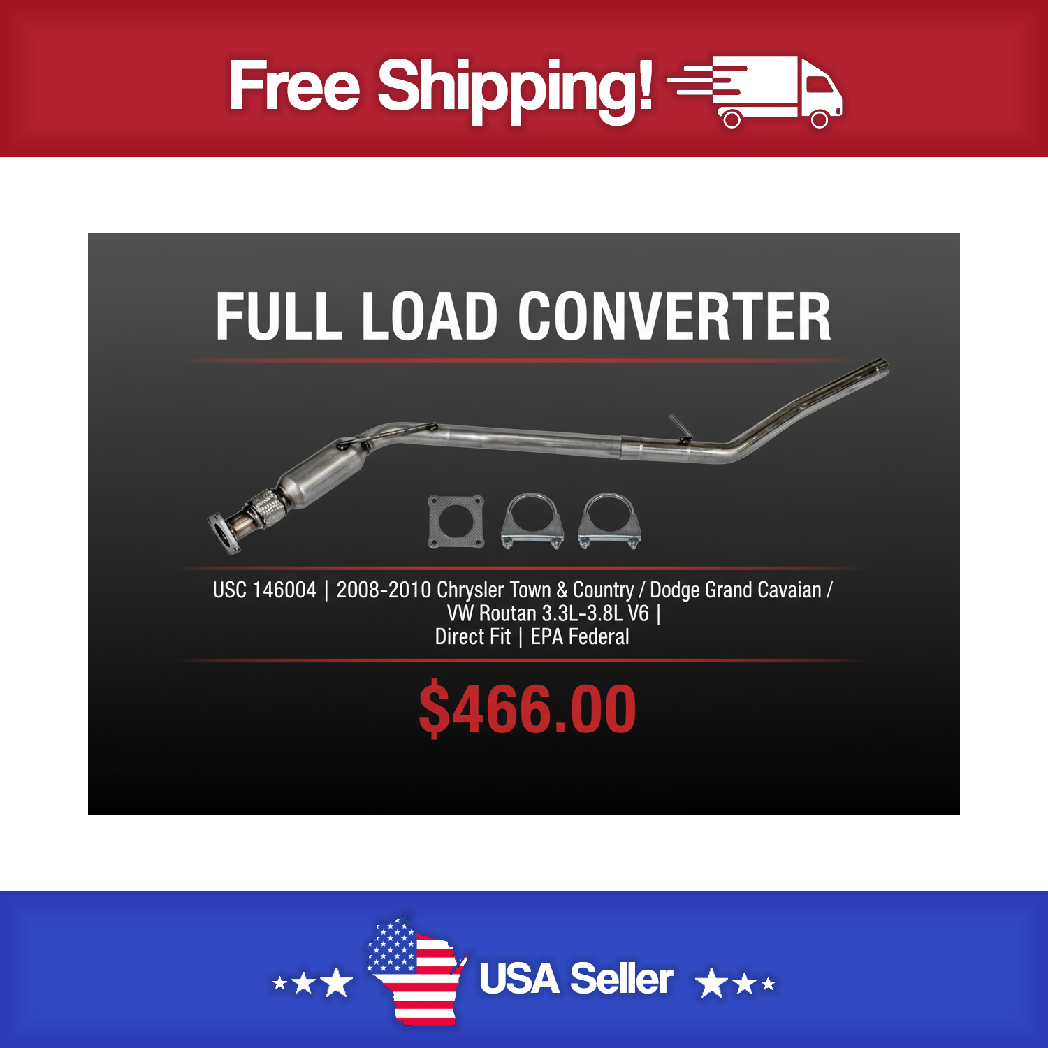 USC 146004 Direct-Fit Catalytic Converter – Chrysler Town & Country / Dodge Grand Caravan / VW Routan 3.3L-3.8L V6