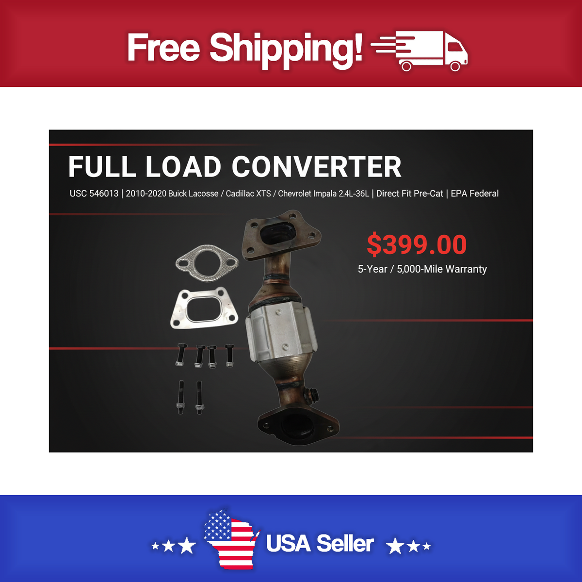 USC 546013 Direct-Fit Pre-Cat Catalytic Converter – 2010-2020 Buick LaCrosse / Cadillac XTS / Chevrolet Impala 2.4L-3.6L [Front Left]