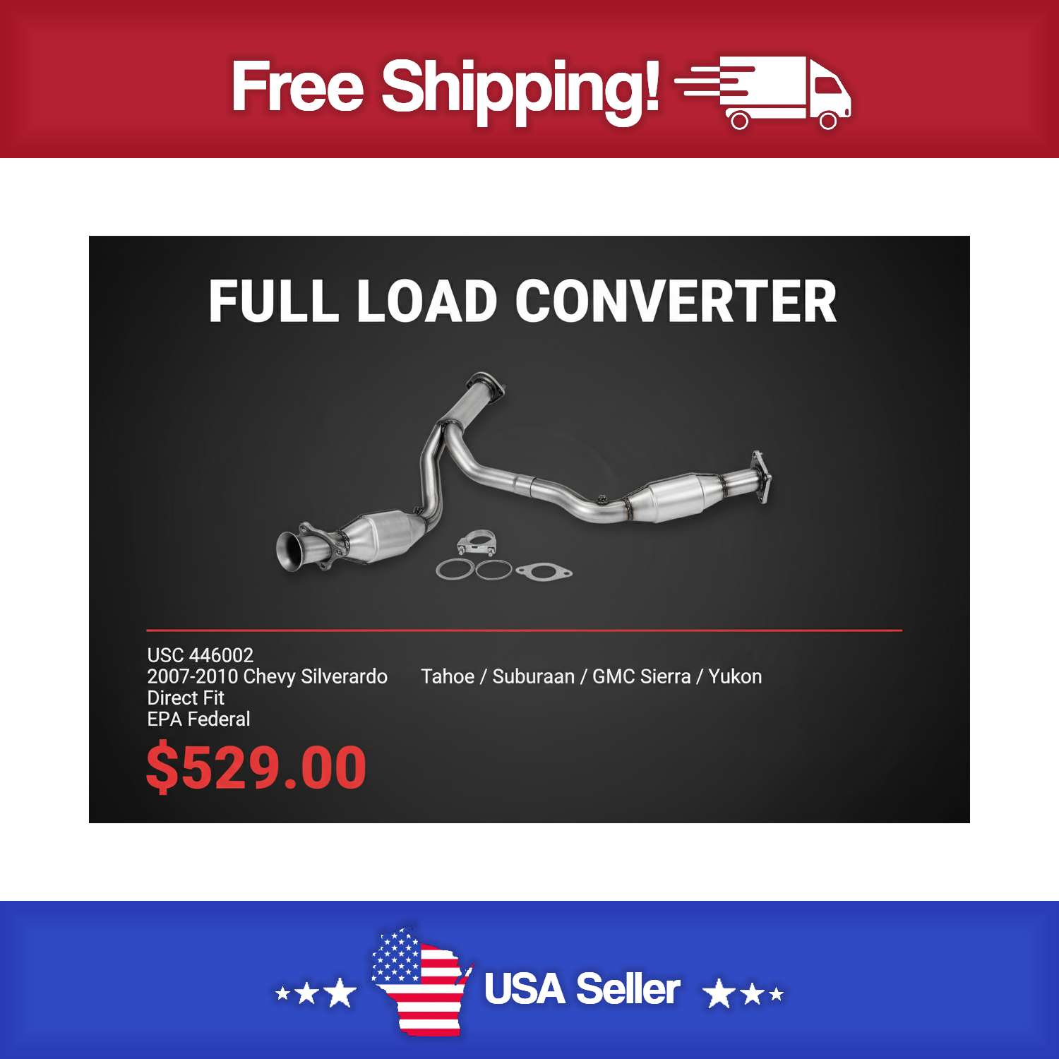 USC 446002 Direct-Fit Catalytic Converter – 2007-2010 Chevy Silverado / Tahoe / Suburban / GMC Sierra / Yukon