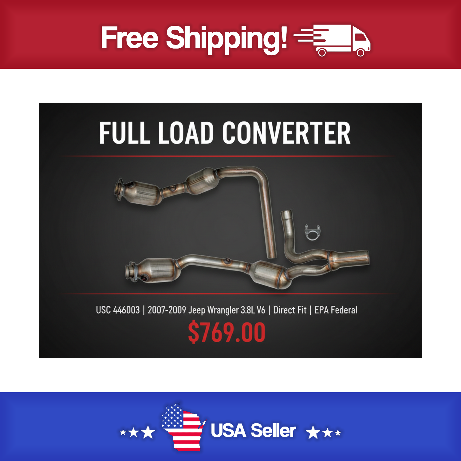 USC 446003 Direct-Fit Catalytic Converter – 2007-2009 Jeep Wrangler 3.8L V6 [Front]