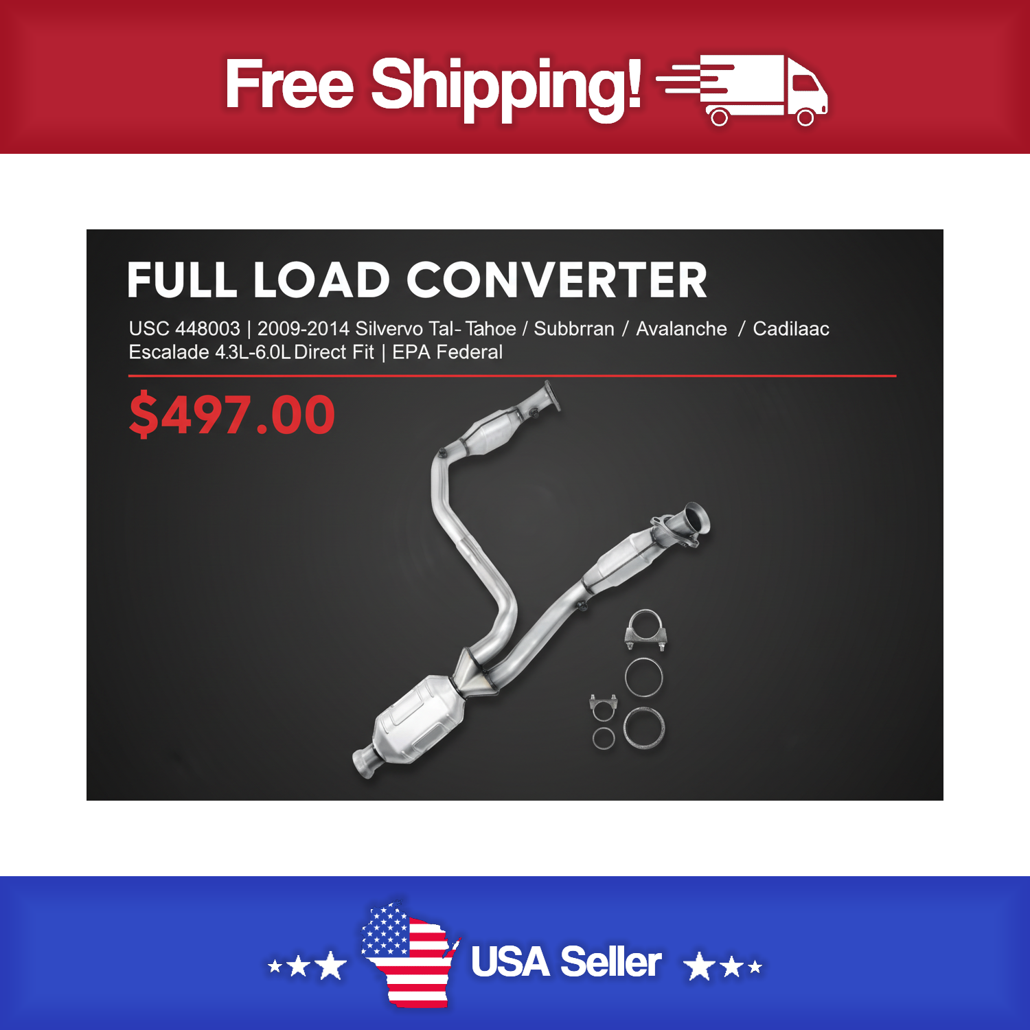 USC 448003 Direct-Fit Catalytic Converter – 2009-2014 Chevy Silverado / Tahoe / Suburban / Avalanche / Cadillac Escalade
