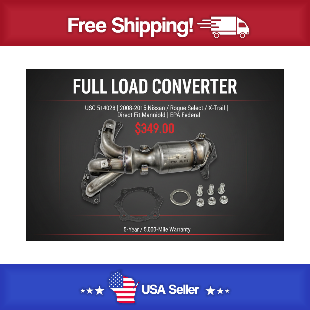 USC 514028 Direct-Fit Manifold Catalytic Converter – 2008-2015 Nissan Rogue / Rogue Select / X-Trail [Front]