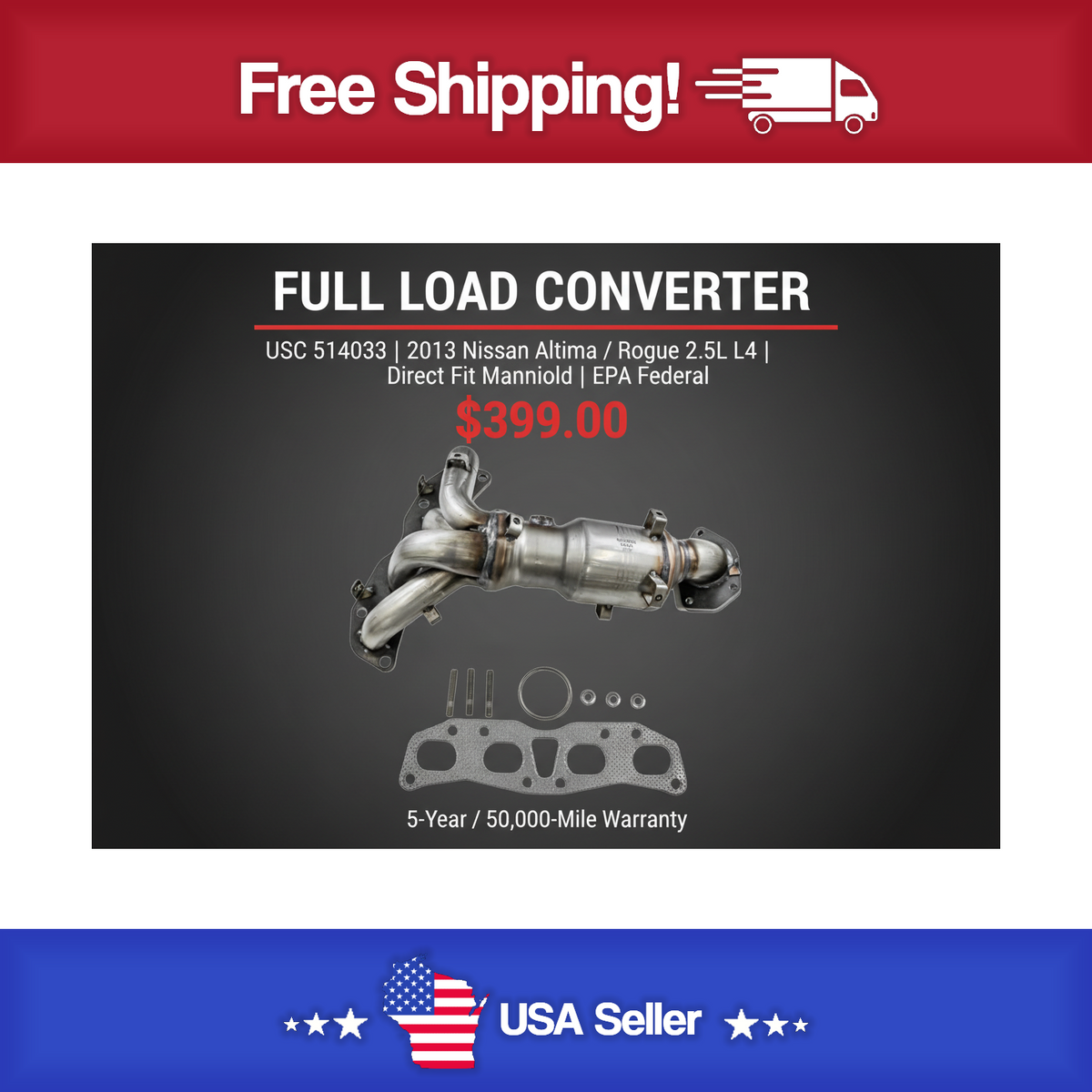 USC 514033 Direct-Fit Manifold Catalytic Converter – 2013-2020 Nissan Altima / Rogue 2.5L L4 [Front]