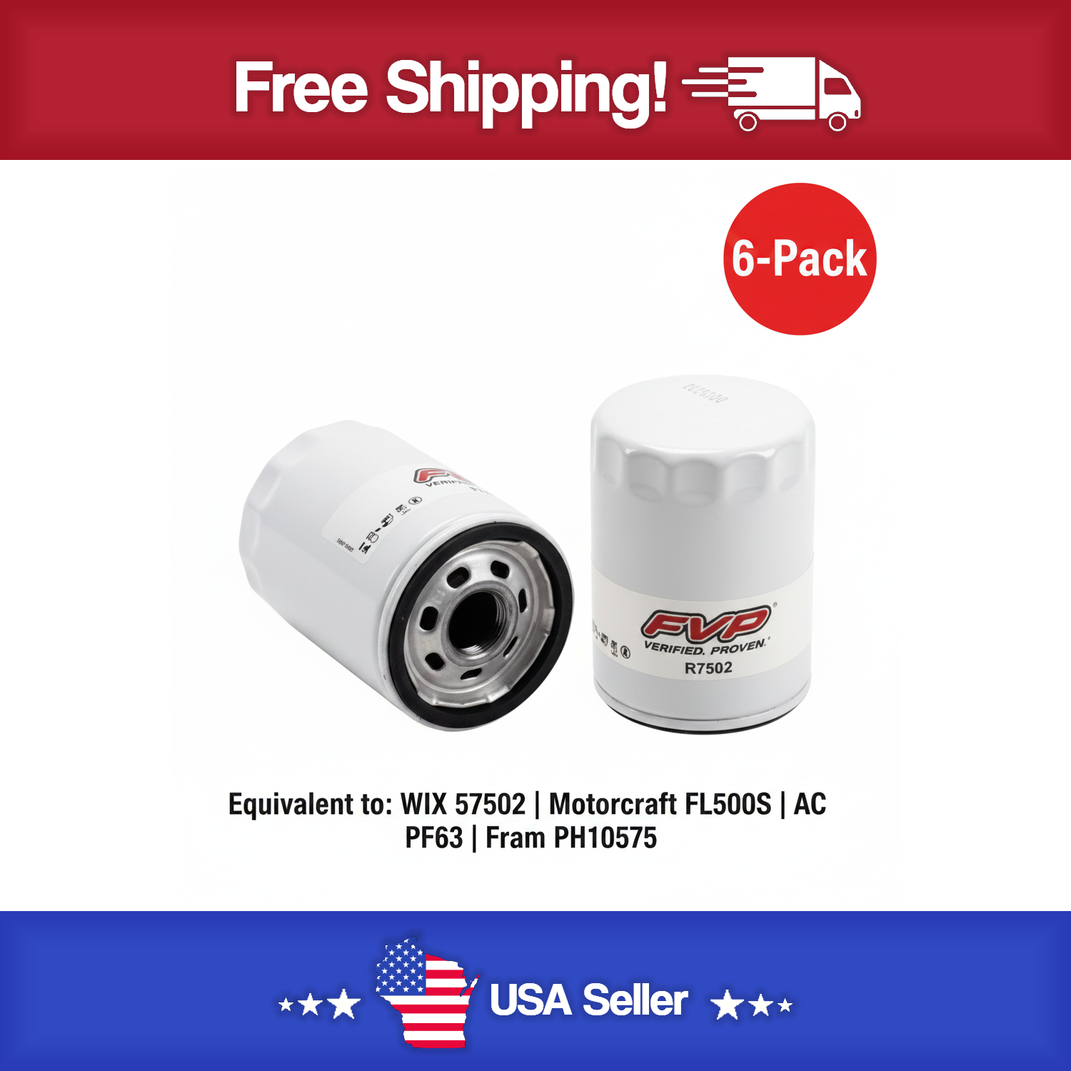 NEW! FVP R7502 Spin-On Oil Filter - Pack of 6,  Same As 57502,FL500S,PH10575 & PF63