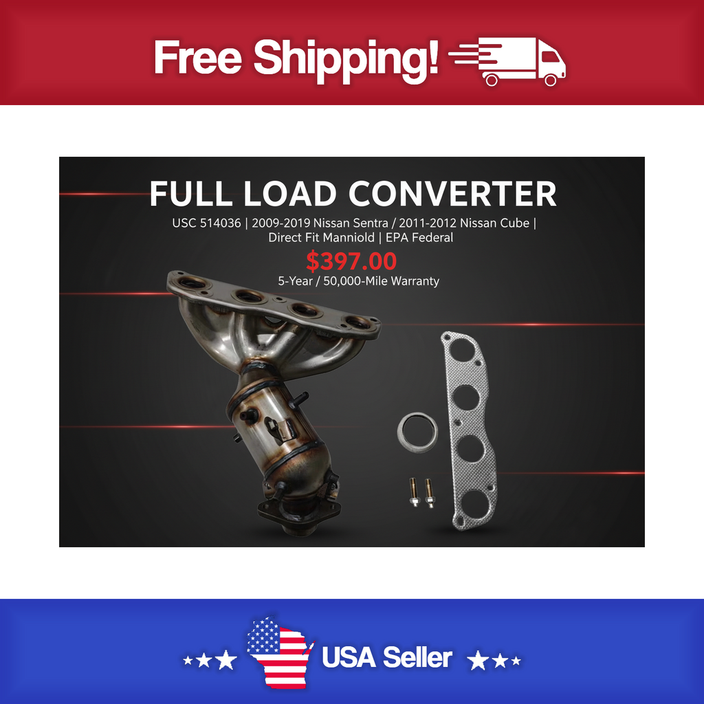USC 514036 Direct-Fit Manifold Catalytic Converter – 2009-2019 Nissan Sentra / 2011-2012 Nissan Cube [Front]