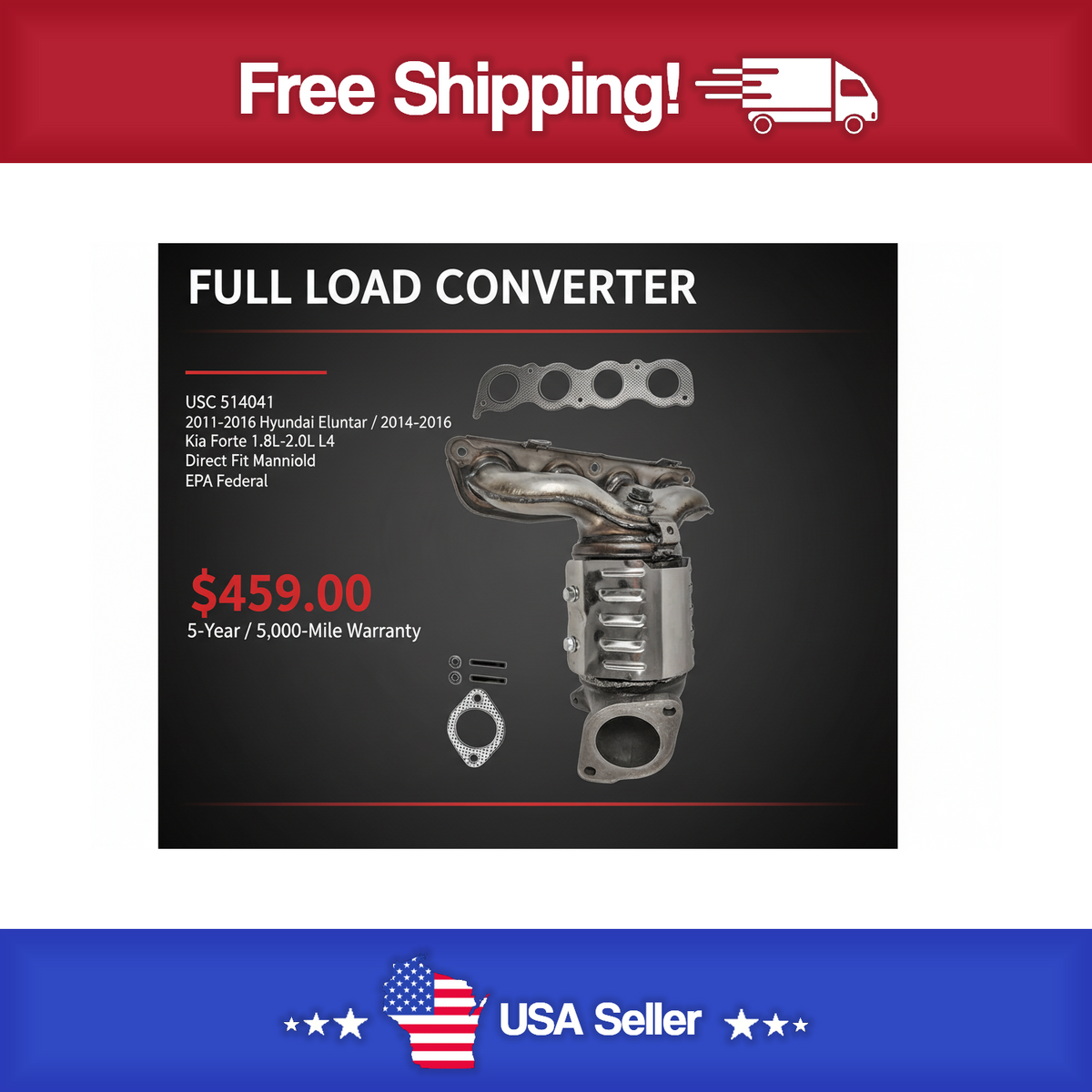USC 514041 Direct-Fit Manifold Catalytic Converter – 2011-2016 Hyundai Elantra / 2014-2016 Kia Forte 1.8L-2.0L L4 [Front]