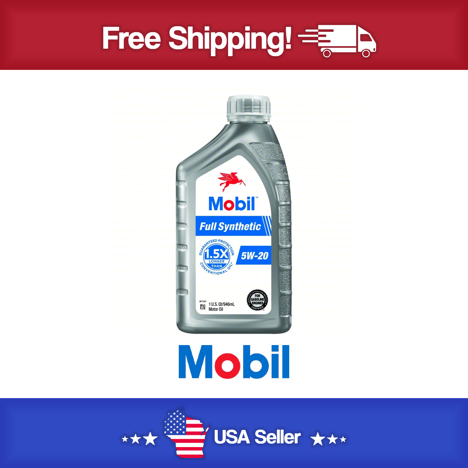 MOBIL Motor Oil: Synthetic, 1 qt Size, 5W-20, Full Synthetic , Case Of 6 Quarts